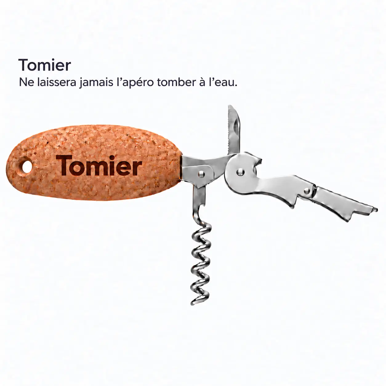 Visualisation du design ovale Tomier avec poignée en liège et passage pour un bout.