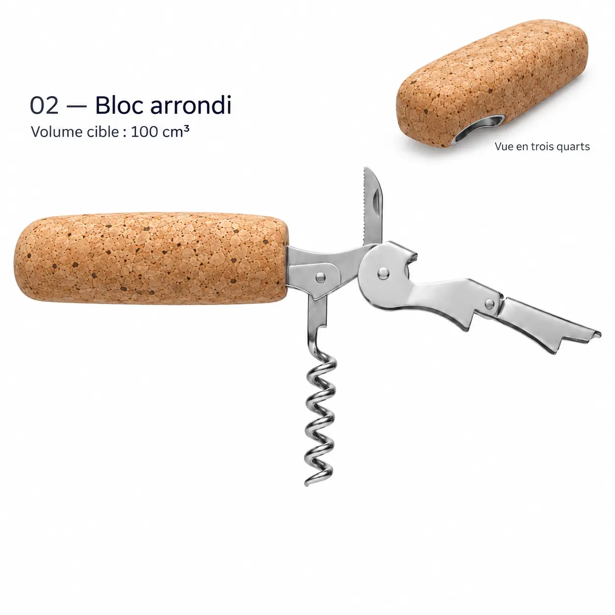 Recherche d’une poignée en liège en forme de bloc arrondi, visualisation de concept.