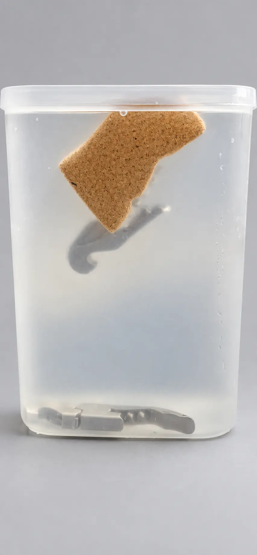 Prototype avec liège près de la surface et tire-bouchon nu au fond du bac, photo retouchée.
